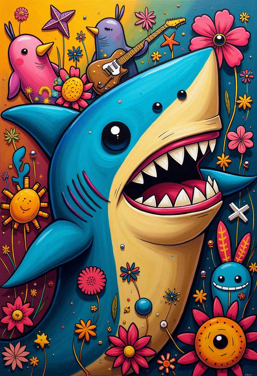 Colorful Shark and Whimsical Creatures Artwork