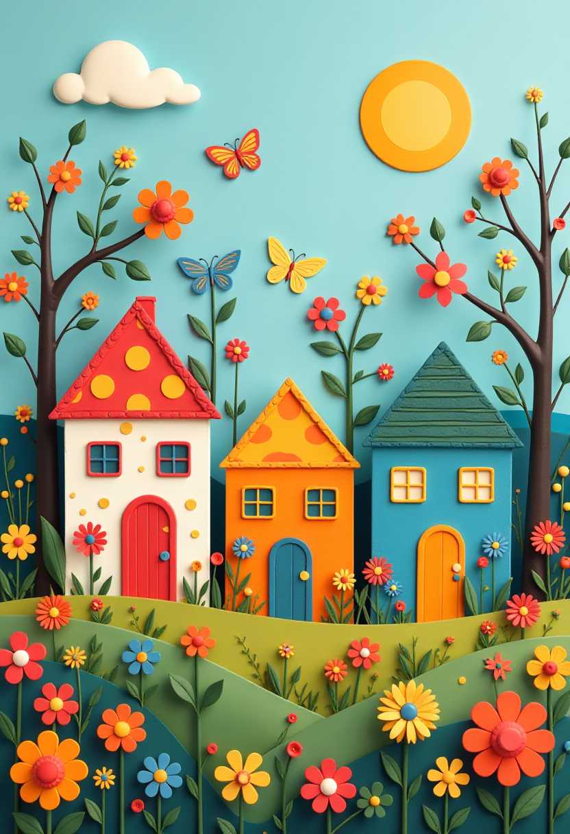 This image features simplified 3d characters and scenery that appears to be painted wooden figures or puppets without strings characterized by bold outlines, flat colors, and exaggerated shapes.This image is a whimsical and colorful depiction of a fantastical landscape. The art style is reminiscent of naive art or folk art, with its simple shapes and bold outlines. The medium appears to be digital painting, given the smooth blending of colors and the crispness of the lines.The colors are vibrant and saturated, with a predominance of blues, yellows, oranges, and reds. These colors create a lively and inviting atmosphere. The flowers are a mix of solid colors and patterns, with circular and spiral motifs that add to the playful nature of the scene.The objects in the image include1. Three houses with distinct and colorful exteriors. The leftmost house is white with a brown roof and circular patterns on the walls. The middle house is orange with a red roof and a polka dot pattern on the walls. The rightmost house is blue with a green roof and a striped pattern on the walls.2. Trees with branches that twist and turn in an organic manner, adorned with circular and spiral flowers in a variety of colors.3. Butterflies in midflight, adding a sense of movement and liveliness to the scene.4. A large, warm sun in the background, with a gradient of yellow to orange, providing a soft light that enhances the depth of the scene.5. A field of flowers in the foreground, with a mix of solid and patterned blooms in various sizes and colors.
