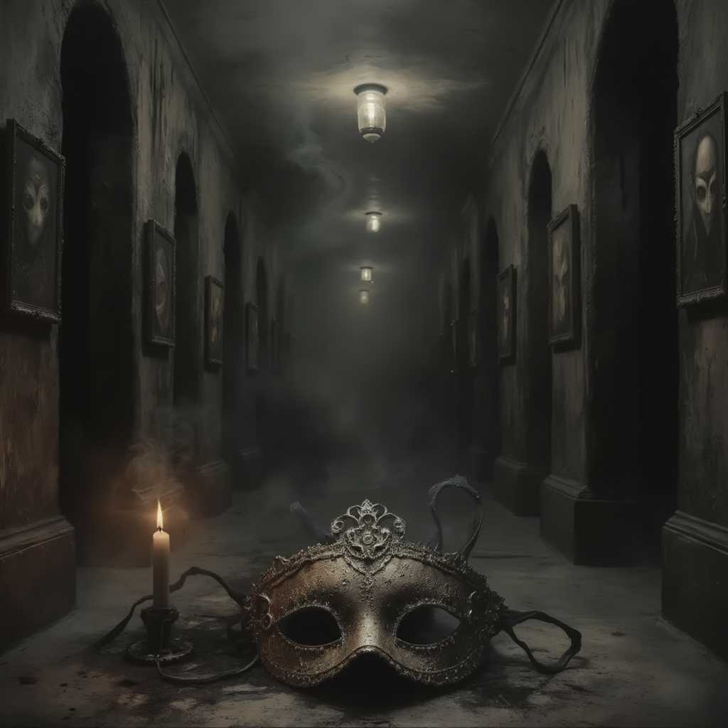 vicgoth, A shadowy corridor illuminated by a single flickering candle, where a weathered, ornate lace mask rests on the ground, partially hidden beneath creeping shadows. The walls are lined with faded portraits whose eyes seem to follow, creating an unsettling sense of surveillance. Wisps of fog curl through the air, thickening the atmosphere with a sense of foreboding and mystery. The color palette features grays and deep blacks, accentuated by the