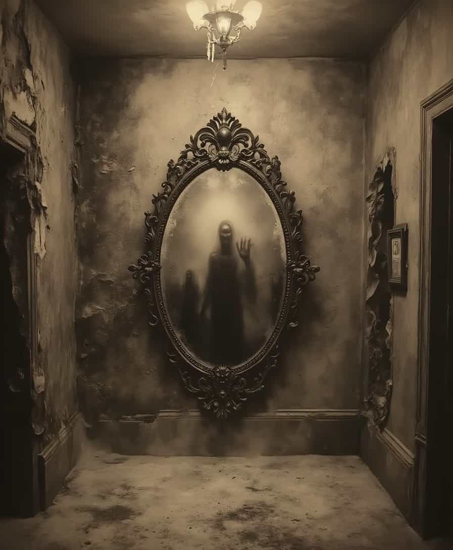 vicgoth, A dimly lit hall with twisted, decaying wallpaper peeling away to reveal a hint of darkness that seems to breathe. In the center stands an ornate mirror, its surface warped, reflecting an indistinct figure lurking just beyond the glass. A thick, creeping fog blankets the floor, and faint, ghostly figures appear to reach out from the mist, their forms shifting and blending into the shadows. The color palette is dominated by sepia tones mixed with deep maroons and grays, evoking an atmosphere of forgotten memories and lingering dread. The overall composition invites an unsettling curiosity, pulling viewers into a space where the boundary between reality and the uncanny begins to blur.
