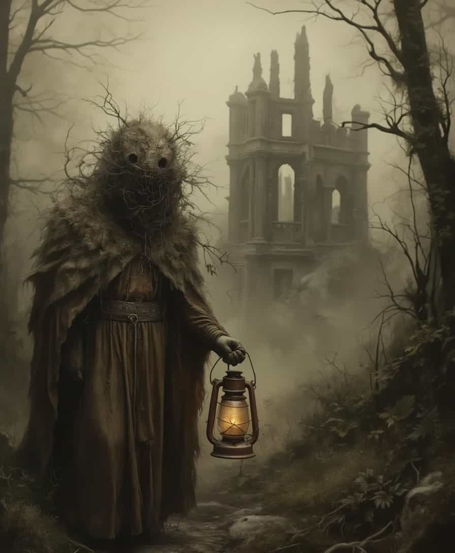 vicgoth, A solitary figure traverses a forgotten forest at dawn, enveloped in an eerie silence, with shadows dancing between the trees. The figure wears an elaborate cloak made of stitched animal pelts, blending with the surroundings, and their face is obscured by a veil of tangled vines. They grasp a rusted lantern, its flickering light revealing distorted reflections on the damp foliage. In the distance, the skeletal remains of an ancient stone structure rise from the mist, half-consumed by creeping ivy, creating a sense of loss and desolation as an unsettling chill permeates the air. The scene is painted in a desaturated color scheme, amplifying the atmosphere of uncertainty and dread.
