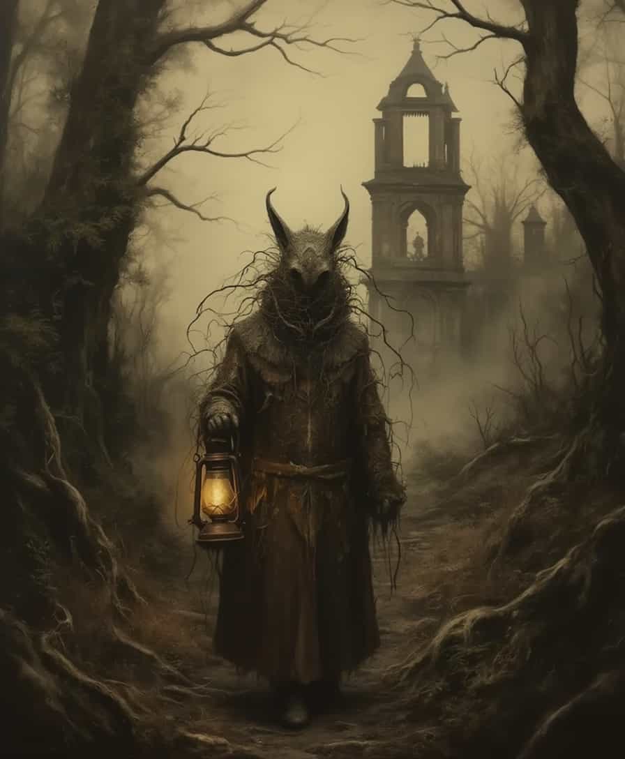 vicgoth, A solitary figure traverses a forgotten forest at dawn, enveloped in an eerie silence, with shadows dancing between the trees. The figure wears an elaborate cloak made of stitched animal pelts, blending with the surroundings, and their face is obscured by a veil of tangled vines. They grasp a rusted lantern, its flickering light revealing distorted reflections on the damp foliage. In the distance, the skeletal remains of an ancient stone structure rise from the mist, half-consumed by creeping ivy, creating a sense of loss and desolation as an unsettling chill permeates the air. The scene is painted in a desaturated color scheme, amplifying the atmosphere of uncertainty and dread.