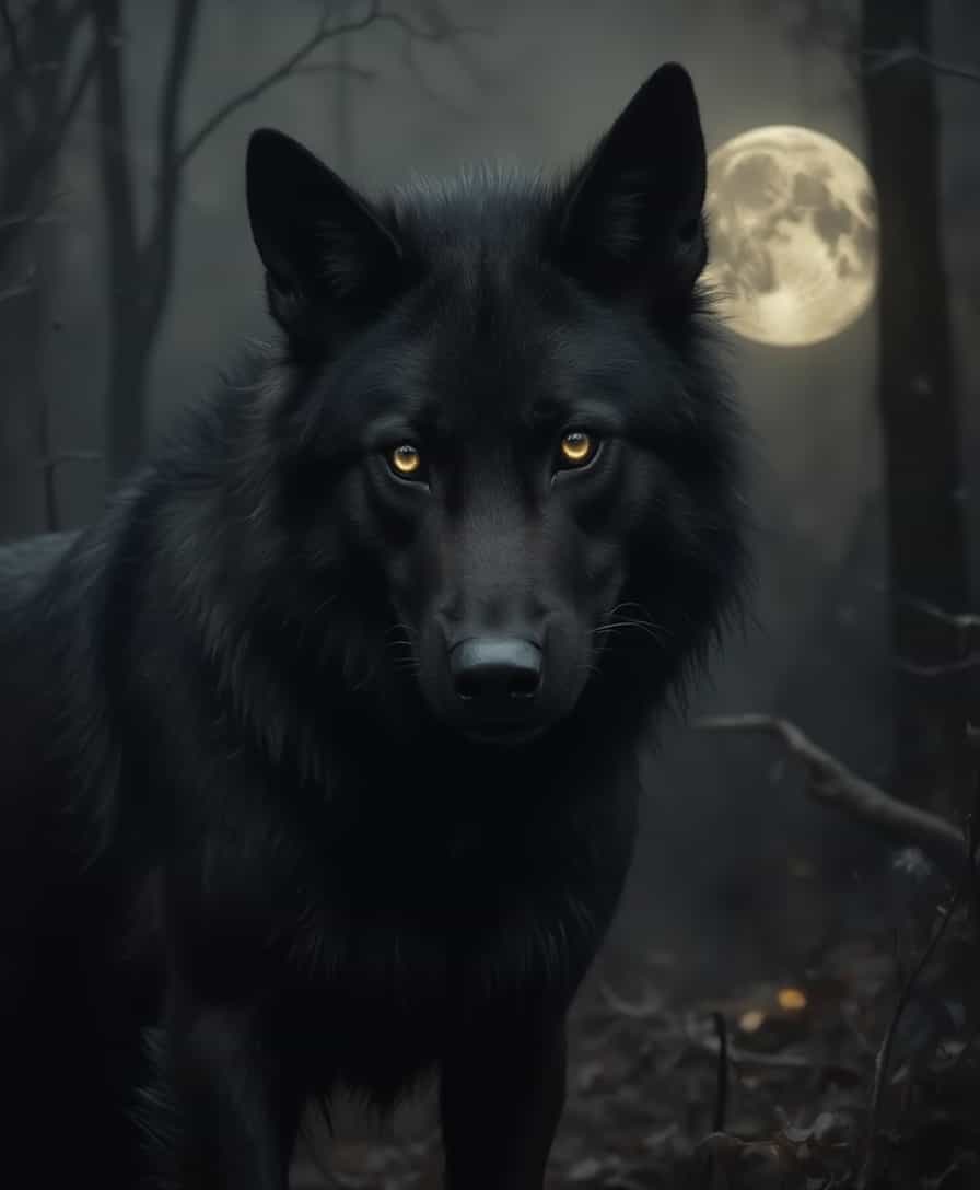 vicgoth,   A black wolf with glowing eyes in the dark forrest, middle of the night, full moon, 