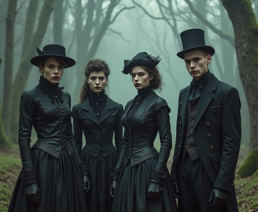 vicgoth, Four individuals standing in a misty forest setting, likely taken in the late 19th or early 20th century. The subjects are dressed in Victorian-era attire, complete with high collars and ornate details, suggesting a macabre, Victorian-inspired theme.
