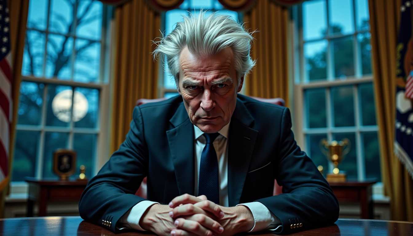 a photo of SteffN man, close up wide shot,  the Oval Office at night time, stormy full moon night outside the windows. In the foreground, positioned centrally at the wide shot, SteffN - a male figure characterized by wild, electrified disheveled grey and white soft-toned smooth hair that stands up in the air as if static electric current. SteffN sits commanding in the presidential chair. His intense expression exudes chaotic energy, laugh, deranged, insane, MAN OBSESSED WITH POWER. white teeth, impeccably tailored Armani suit, 

SteffN seated prominently behind an oval table, facing the camera, looking in the camera adressing the nation, with both hands gesture assertively. His posture and expression project authority and agitation mad king gestures, Across from him, on a plush black leather sofa, sit Donald Trump and ELON mUSK from tesla,  they appear childlike, crying, and afraid, reacting with visible discomfort and fear in their body language, providing a humorous yet critical commentary on their political personas. not deform hands, not 6 fingers, MORE THAN 1 TRUMP,

Scene: stormy night, the Oval Office is transformed into a haunted house, dim flickering lights, cracked walls, peeling wallpaper, cobwebs in corners, broken furniture, gothic atmosphere, eerie shadows moving across the room, ghostly ambiance,gold coins, diamonds and dollar bills are scattered on the floor and table, moonlight and lightning flashes illuminating the room, torn curtains, blow in the air, Donald Trump and Joe Biden on a black leather sofa, surreal, comical, civil war chaos visible through broken windows, people fighting outside, lightning strikes, eerie mood