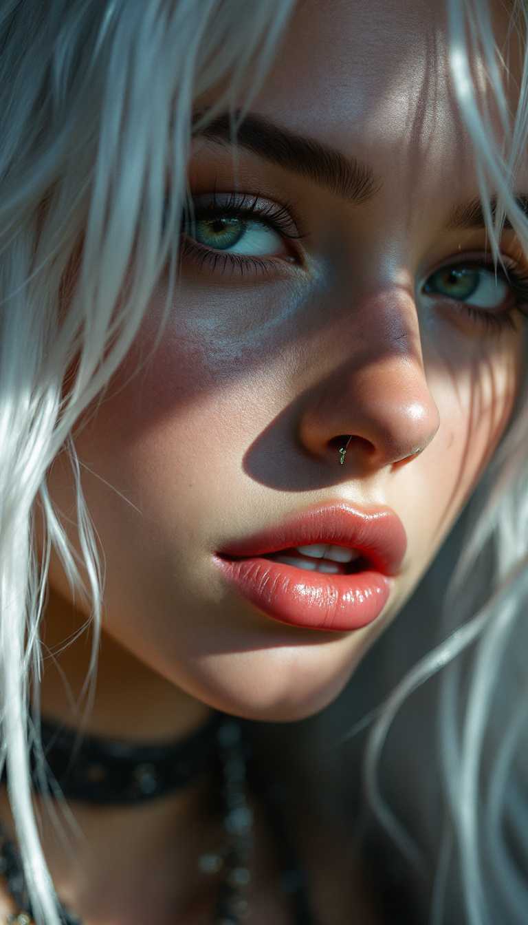 A close-up of a girl with white hair and piercings. Her lips are parted, and the sunlight creates contrast with the dark theme, adding depth to her realistic features.