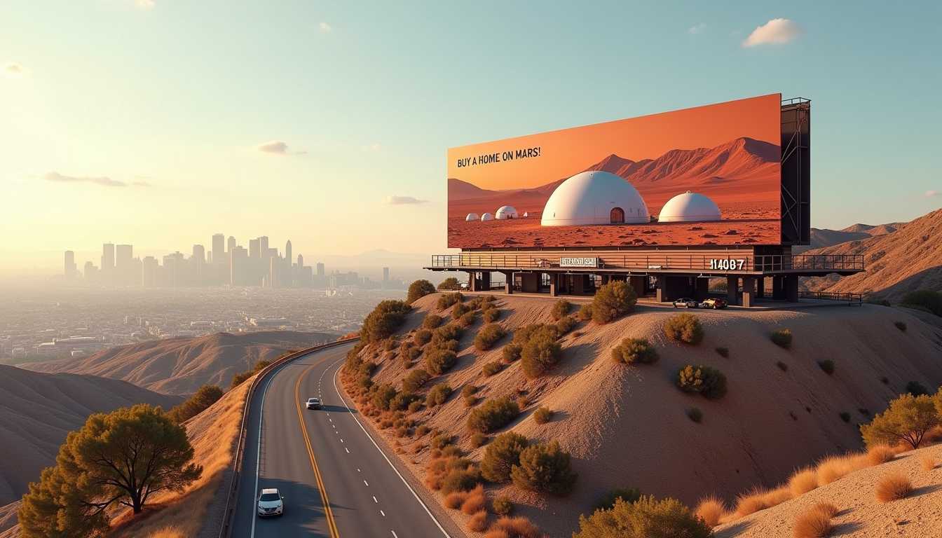 create a realistic photograph of a hillside billboard along a los angeles freeway, on the billboard is an image of a geodesic glass dome homes on mars, desert landscape and mountain ridge on Mars, with the text words "BUY A HOME ON MARS!". The the background city of Los Angeles
