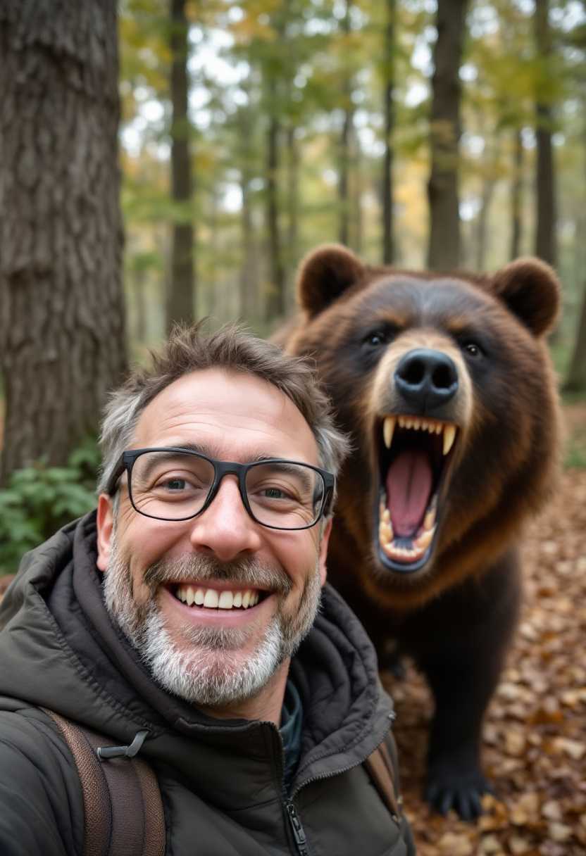 Un hombre sonriente y de aspecto relajado, con gafas y una sudadera oscura, se toma un selfie en un bosque frondoso. Detrás de él, hay un oso marrón grande con la boca abierta y mostrando los dientes, como si estuviera rugiendo o gritando. La expresión del hombre es de alegría y despreocupación, completamente ajena al peligro que representa el oso detrás. El fondo muestra árboles altos, típicos de un bosque de clima templado, y el suelo está cubierto de hojas caídas. La iluminación es natural.
