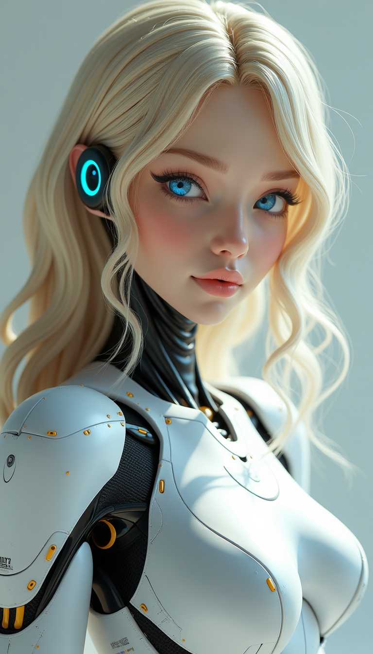 Scifi robot girl haruko agawa, in the style of vray, hyper-realistic, hd 8k 32k uhd, light silver, precision painting, dollcore, sensuous curves, blonde hair, blue eyes