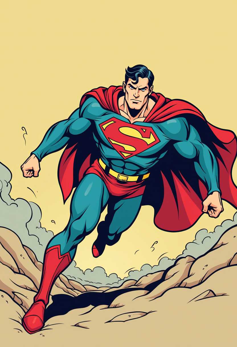 Superman, 1930's cartoon style, pastel color palette, stylized art style, simple line drawings, action shot, highly detailed, hard lines, high resolution vector