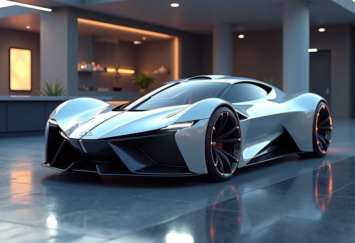 realistic image, a photograph of futuristic car concept designed by Dmitry Mazurkevich, hd 8k