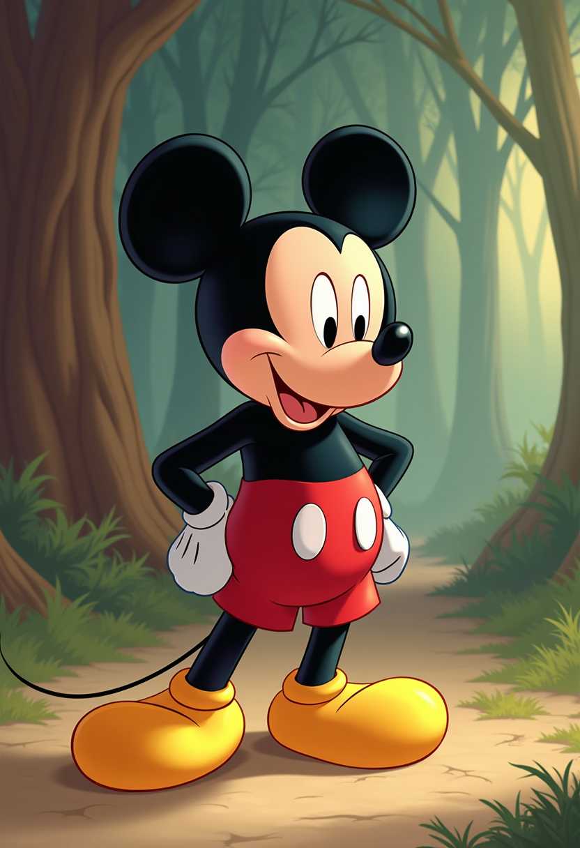 Cheerful Mickey Mouse in a Sunlit Forest