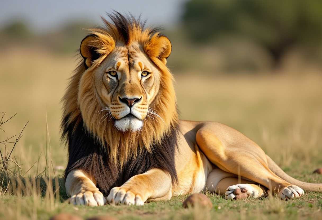 photography of a Lion lying down in a African safari, portrait stock style image, photo-realistic, high resolution, clear and crisp