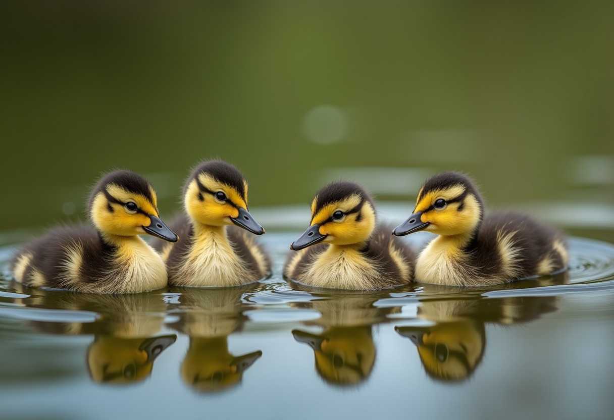 photography of a six ducklings nera a pond, portrait stock style image, photo-realistic, high resolution, clear and crisp
