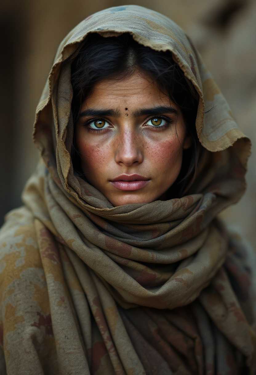 [ Afghan girl] by Steve McCurry Hyper, shy, ultra sharp, hyper realistic --niji 5 --style expressive