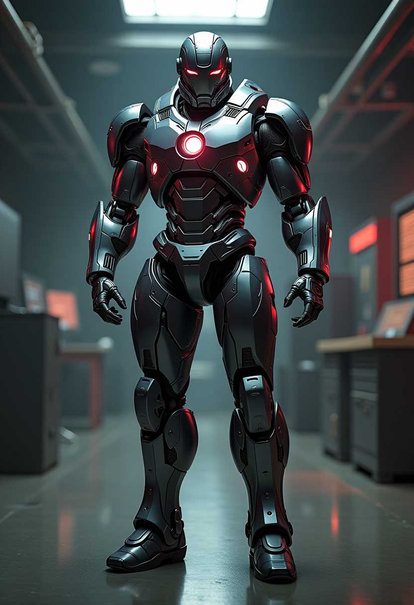 War Machine, a futuristic and photorealistic character American, stands tall in his high-tech studio. ultra detailed and realistic, 8k
