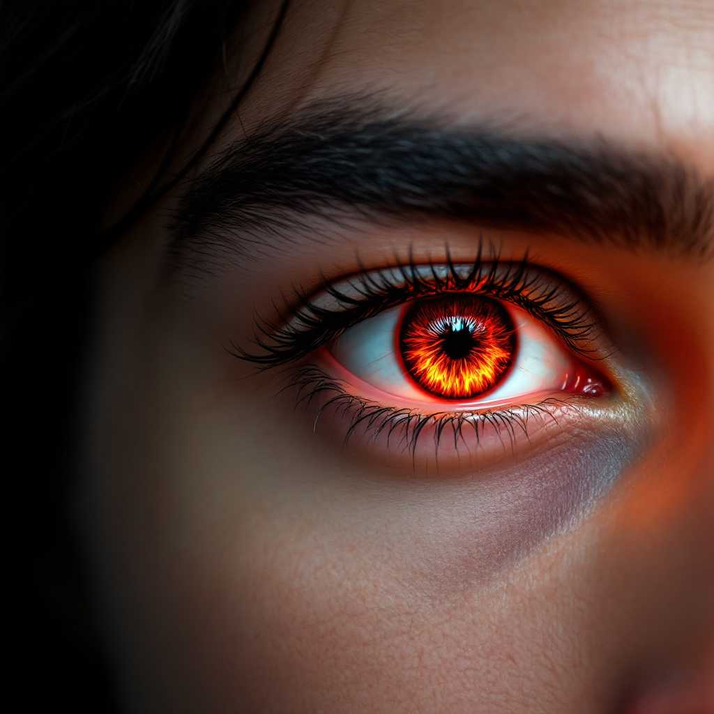 This is a closeup photo of a persons eye, focusing on the iris and the surrounding area. The eye is the central point of the image, and the rest of the face is not visible. The art style appears to be a realistic digital rendering, with a high level of detail and texture.The eye has a striking red iris, with a pattern that resembles flames or a fiery explosion. The red color is very vivid and stands out against the white sclera. The pupil is small and black, and there are fine details visible in the iris, such as the blood vessels and the patterns that give it its fiery appearance.The eyelashes are long and dark, and they are curled slightly at the ends, adding to the dramatic effect of the eye. The eyebrows are wellgroomed and thick, with a natural arch, and they frame the eye nicely.The skin around the eye is smooth and unblemished, with a subtle sheen that suggests moisture or a light source reflecting off the surface. There are fine lines and wrinkles around the eye, which add to the realism of the image.The overall color palette of the image is warm and rich, with the red of the iris being the most prominent color. The skin tones are a soft, natural brown, and the dark hair on the side of the image is a deep black. The background is not visible, so the colors and details of the eye are the main focus of the image.In summary, this is a highly detailed and realistic digital rendering of a human eye, with a focus on the fiery red iris and the surrounding area. The art style is naturalistic, with attention to fine details and textures, and the overall color palette is warm and rich.