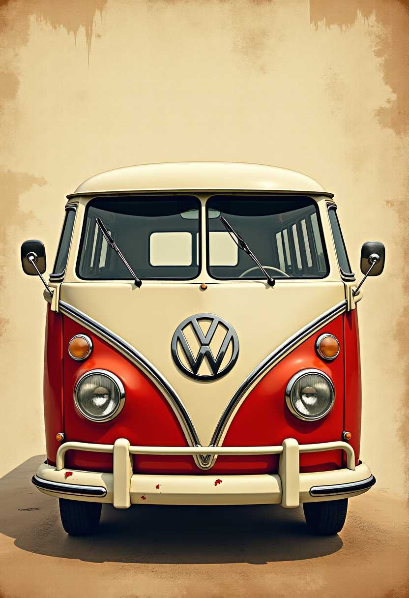 vw bus, canvas art, abstract art printing, in the style of brian mashburn, light red and light brown, theo prins, charming character illustrations, pierre pellegrini, vintage cut-and-paste, rusty debris 
