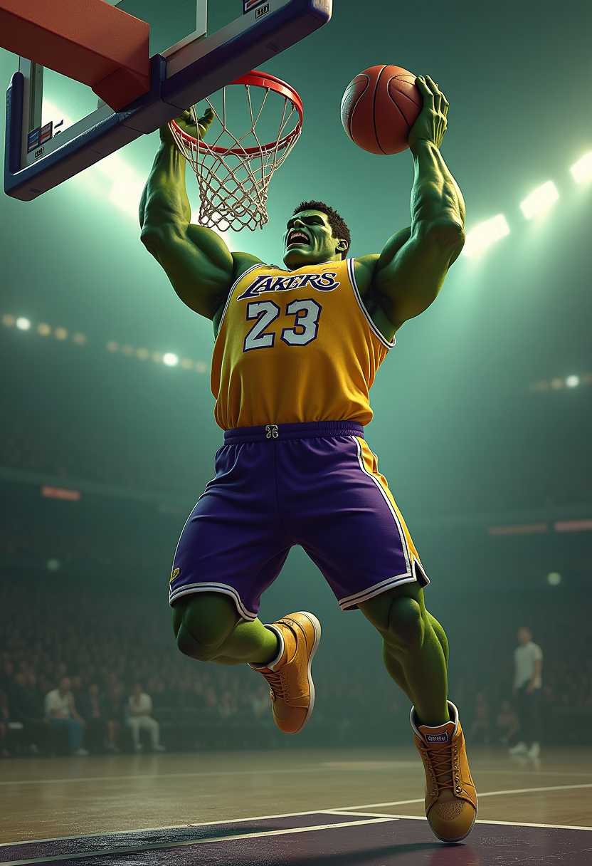Marvel's Hulk playing basketball, he is jumping to dunk on the hoop and he is dressed in the Lakers uniform, realistic perspective, xbox 360 graphics, surrealistic realism, emotive realism, soggy, eerily realistic