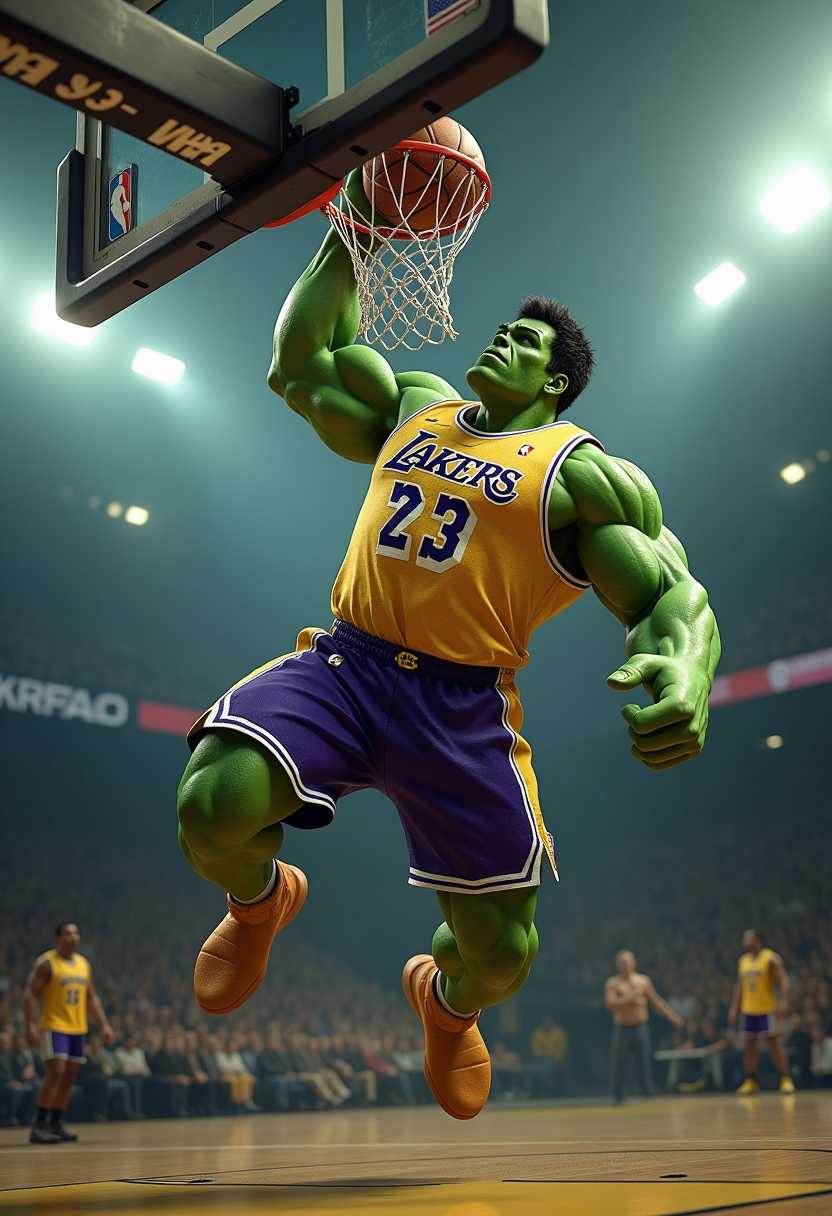 Marvel's Hulk playing basketball, he is jumping to dunk on the hoop and he is dressed in the Lakers uniform, realistic perspective, xbox 360 graphics, surrealistic realism, emotive realism, soggy, eerily realistic