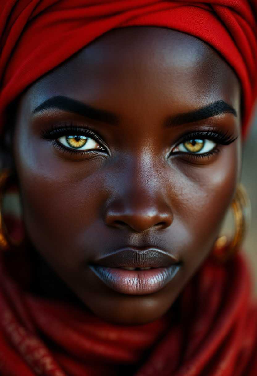 African woman wearing a traditional red head wrap, close up on her face, in the style of hyper-realistic National Geographic photography, expressive, hyperrealism, photorealistic, detailed hair, hyper detail, cinematic lighting \