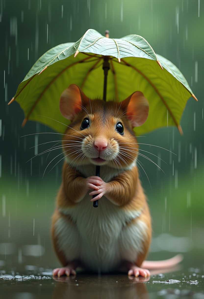 a rat holding a leaf like an umbrella hiding from the rain 