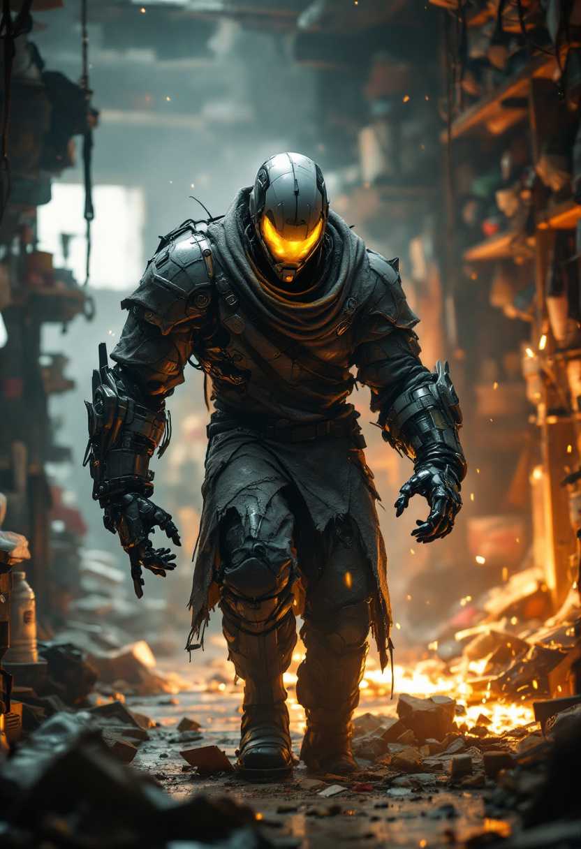 Wide angle Environmental shot in a cluttered and messy shack , action shot, tattered torn shirt, porcelain cracked skin, league of legends, vibrant, photo realistic, realistic, dramatic, dark, sharp focus, 8k."Robot destroyed to pieces with glowing yelow visor as a realistic scifi cyberpunk knight, medium shot, intricate,unreal engine, cozy indoor lighting, artstation, detailed, "james gurney, katsuhiro otomo, james paick, cinematic lighting, vibrant nature, Craig Mullins, Greg Rutkowski, Pete Morbacher, Tuomas Korpi, tekkon kinreet, volumetric light, trending on artstation, octane rendering.", trending on artstation, sharp focus, studio photo, intricate details, highly detailed, by greg rutkowski