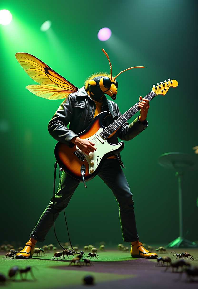 A wasp insect standing upright like a human, playing an electric guitar on stage. Its wings are buzzing with energy, and its black-and-yellow body is clad in a leather jacket. Neon green lights flash in the background, and a small crowd of insects watches from below.
