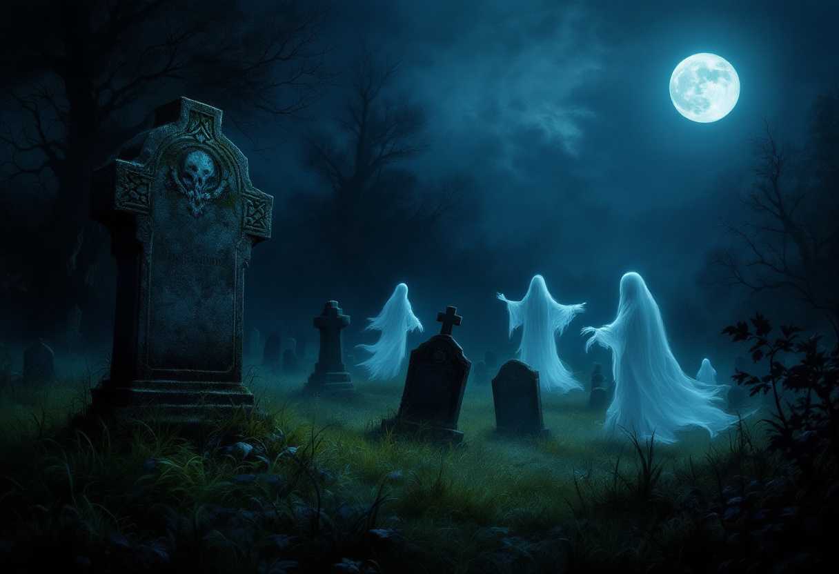 Haunting Cemetery at Twilight with Ghostly Figures and Full Moon