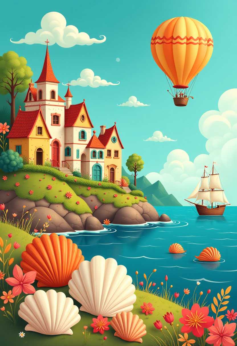 This image is a whimsical and fantastical depiction of a coastal scene, likely inspired by a storybook or a fairytale. The art style is reminiscent of naive art or folk art, with its simple, stylized forms and bright, bold colors. The medium appears to be digital painting, given the smooth blending of colors and the lack of texture that one might expect from traditional painting mediums.The colors are vibrant and harmonious, with a palette that includes blues, greens, oranges, yellows, and whites. The use of color is expressive, with the blues and greens of the sea and sky creating a sense of depth and tranquility, while the warm oranges and yellows of the buildings and the hot air balloon add warmth and a touch of fantasy.The objects in the image are numerous and varied1. I. In the foreground, there are fantastical, oversized seashells 2. The central focus is a charming village with colorful houses, each with a unique roof design and a variety of patterns and details. The houses are perched on a hillside, overlooking the sea.3. Floating above the village is a hot air balloon adding to the romantic and dreamy atmosphere of the scene.4. In the middle ground, there are two sailing ships with detailed sails and rigging, navigating the sea.5.The clouds are whimsically shaped, with swirls and patterns that suggest a light, airy quality.