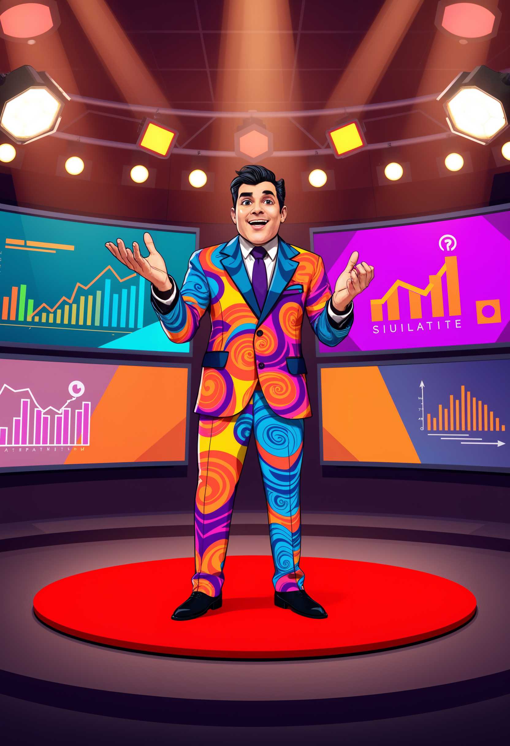 **Main Subject**: A charismatic quiz show moderator, dressed in a vibrant and eye-catching suit adorned with a pattern of bright, swirling colors like electric blue, fiery orange, and vivid pink. His expressions are animated and engaging, capturing the audience’s attention as he gestures energetically.

**Artistic Style**: Modern digital illustration with a pop-art twist, emphasizing bold colors and sharp contrasts. The style combines realism with slightly exaggerated features to enhance the character's dynamic presence.

**Composition**: The moderator stands center stage, framed by the circular iconic red TED Talk carpet. His stance is confident, slightly leaning forward, giving an aura of enthusiasm and expertise. Behind him are large, semi-transparent presentation slides displaying colorful graphics and captivating visuals.

**Visual Details**: The background slides feature abstract, geometric designs with complementary colors to the moderator's suit, incorporating striking visuals like graphs and symbols related to quizzes and knowledge. Lights from the ceiling create an ambient glow, adding depth and warmth to the scene.

**Mood and Atmosphere**: The setting is lively and inspiring, suggesting an early evening presentation. The auditorium is subtly visible, filled with a captivated audience, some silhouettes faintly highlighted by the stage lights.

**Technical Aspects**: Use a wide-angle lens effect to emphasize