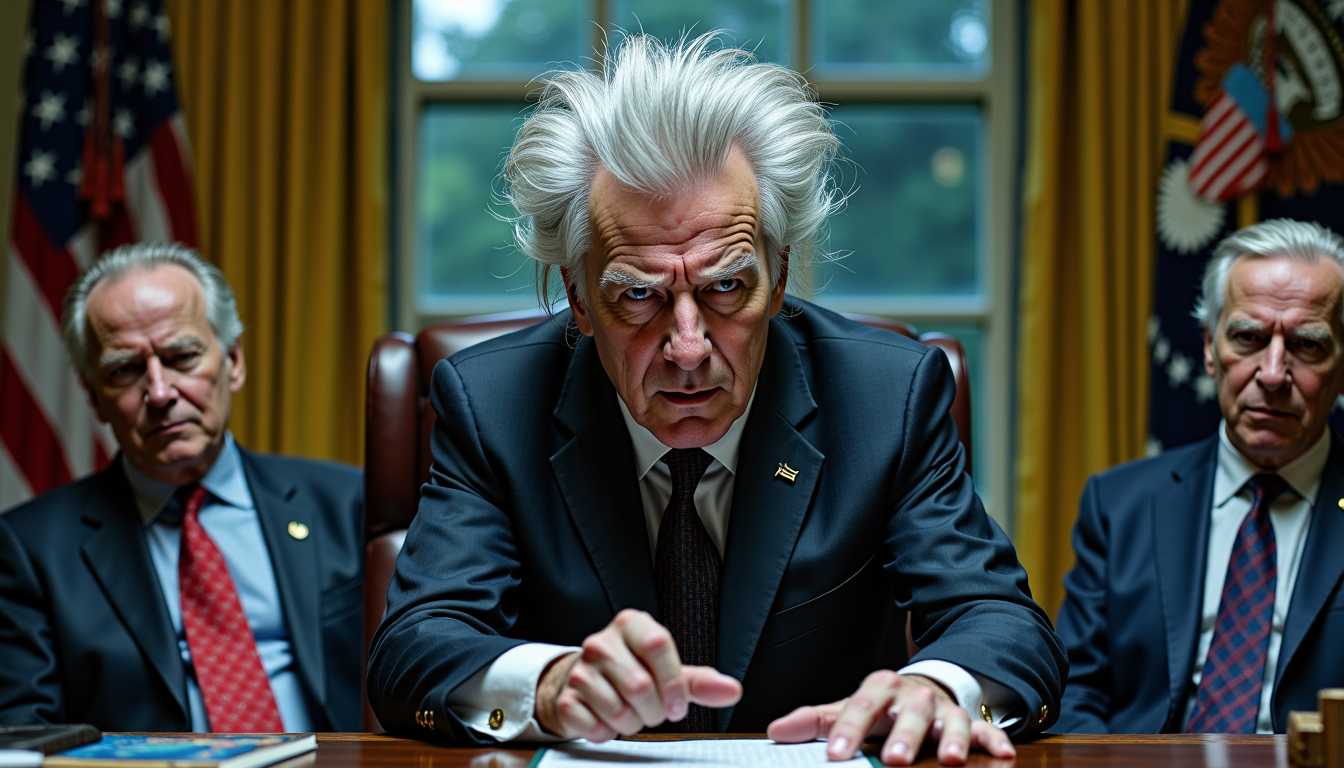 a photo of SteffN man,, a photo of SteffN man,, a photo of SteffN man,, In the foreground, SteffN, with his electrified grey and white hair, sits centrally in the presidential chair behind the oval table. His intense expression and authoritative hand gesture create a focal point of power and madness. The camera is positioned at eye level to emphasize the powerful command and derangement in his demeanor.
Composition: A dynamic, wide-angle photograph captures the surreal chaos of the Oval Office, now transformed into a haunted, gothic ROOM, 
Visual Details: SteffN's wild hair, offset by his immaculate Armani suit, shines in the flickering light, creating an unsettling contrast. His gleaming white teeth are a stark highlight against the dim, moody atmosphere. Across from him, Donald Trump and Joe Biden sit on a plush black leather sofa. Their caricatured, exaggerated expressions of fear and discomfort heighten the satirical humor of the scene, with no deformities in their hands.

Setting and Atmosphere: The Oval Office is dimly lit, filled with moving shadows and flickering lights, creating an eerie, ghostly ambiance. Cracked walls and peeling wallpaper suggest decay, while cobwebs adorn the corners. Broken furniture, shattered glass, and scattered old books add to the chaos. Heavy rain lashes, SteffN