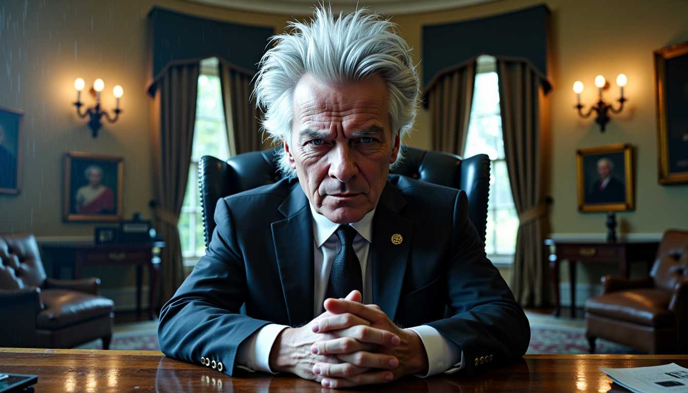 a photo of SteffN man,,WIDE SHOT, SteffN, with his electrified grey and white hair, sits centrally in the presidential chair behind the oval table. His intense expression and authoritative hand gesture create a focal point of power and madness. HE IS DISCUSSING with AN INTERWIEVER BEHIND THE CAMERA,The camera is positioned at eye level to emphasize the powerful command and derangement in his demeanor.
Composition: A dynamic, wide-angle photograph captures the surreal chaos of the Oval Office, now transformed into a haunted, gothic ROOM, 
Visual Details: SteffN's wild hair, offset by his immaculate Armani suit, shines in the flickering light, creating an unsettling contrast. His gleaming white teeth are a stark highlight against the dim, moody atmosphere. BEHIND from him, Donald Trump and Joe Biden sit on a plush black leather sofa. Their caricatured, exaggerated expressions of fear and discomfort heighten the satirical humor of the scene, with no deformities in their hands.

Setting and Atmosphere: The Oval Office is dimly lit, filled with moving shadows and flickering lights, creating an eerie, ghostly ambiance. Cracked walls and peeling wallpaper suggest decay, while cobwebs adorn the corners. Broken furniture, shattered glass, and scattered old books add to the chaos. Heavy rain lashes, SteffN