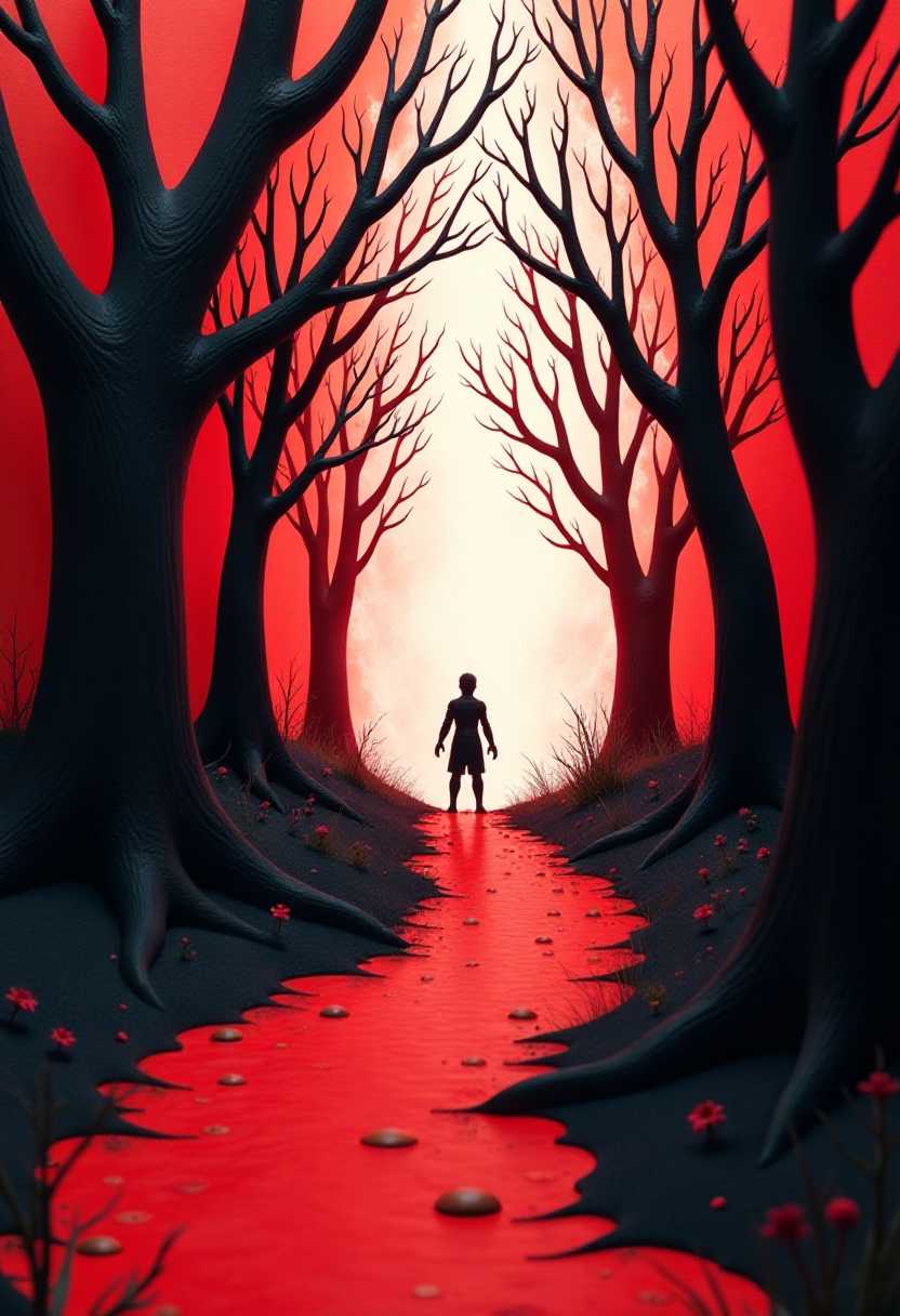 This image features simplified 3d characters and scenery that appears to be painted wooden figures or puppets without strings characterized by bold outlines, flat colors, and exaggerated shapes.The colors are limited but impactful, with a predominance of red and black. The reds are deep and saturated, creating a sense of danger and urgency. The blacks are used to define the shapes and textures of the trees and the path, adding depth and contrast. The white in the background is muted and diffused, providing a sense of light at the end of the path but also contributing to the overall ominous atmosphere.The objects in the image are primarily trees, with their intricate branches reaching skyward. The trees are depicted in a stylized manner, with exaggerated shapes and a lack of leaves, which could suggest a barren or dying forest. The path is winding and bloodred, cutting through the trees and drawing the viewers eye towards the light at the end. The ground is not visible, which focuses the attention on the trees and the path.