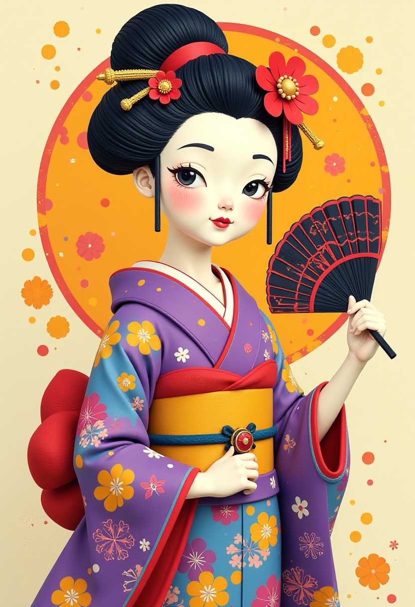 This image features simplified 3d characters and scenery that appears to be painted wooden figures or puppets without strings characterized by bold outlines, flat colors, and exaggerated shapes.This image is a whimsical and colorful depiction of  stylized and colorful representation of a traditional Japanese Geisha. The art style is pop art, characterized by its bold outlines, flat colors, and the use of bright, contrasting hues. The Geisha is depicted with a strikingly pale complexion, which is a common feature in traditional depictions of the character. Her hair is styled in an elaborate updo, adorned with a red flower and black hair sticks, which are traditional accessories. The hairdo is a signature element of the Geishas appearance and is often used to signify her status and beauty.She is wearing a traditional kimono, which is the most recognizable aspect of her attire. The kimono is a vibrant mix of colors, including purple, blue, yellow, pink, and red. The pattern on the kimono is intricate and suggests a high level of craftsmanship. The kimono is cinched at the waist with a wide obi, which is a sash worn around the waist and is also a symbol of status.The Geisha is holding a fan, which is another traditional accessory. The fan is black with a red border and a white pattern in the center. The fan is a symbol of grace and elegance and is often used by Geisha to create visual effects or to express emotions.The background of the image is a muted beige with splashes of yellow and red, which adds to the pop art aesthetic. There are no text or speech balloons in the image, which focuses solely on the visual elements of the Geisha and her traditional attire.