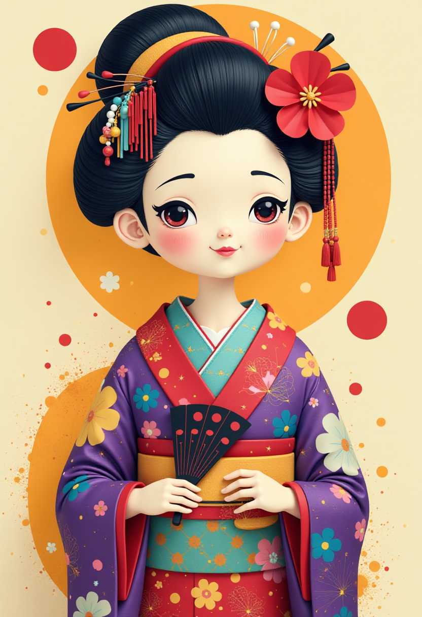 This image features simplified 3d characters and scenery that appears to be painted wooden figures or puppets without strings characterized by bold outlines, flat colors, and exaggerated shapes.This image is a whimsical and colorful depiction of  stylized and colorful representation of a traditional Japanese Geisha. The art style is pop art, characterized by its bold outlines, flat colors, and the use of bright, contrasting hues. The Geisha is depicted with a strikingly pale complexion, which is a common feature in traditional depictions of the character. Her hair is styled in an elaborate updo, adorned with a red flower and black hair sticks, which are traditional accessories. The hairdo is a signature element of the Geishas appearance and is often used to signify her status and beauty.She is wearing a traditional kimono, which is the most recognizable aspect of her attire. The kimono is a vibrant mix of colors, including purple, blue, yellow, pink, and red. The pattern on the kimono is intricate and suggests a high level of craftsmanship. The kimono is cinched at the waist with a wide obi, which is a sash worn around the waist and is also a symbol of status.The Geisha is holding a fan, which is another traditional accessory. The fan is black with a red border and a white pattern in the center. The fan is a symbol of grace and elegance and is often used by Geisha to create visual effects or to express emotions.The background of the image is a muted beige with splashes of yellow and red, which adds to the pop art aesthetic. There are no text or speech balloons in the image, which focuses solely on the visual elements of the Geisha and her traditional attire.