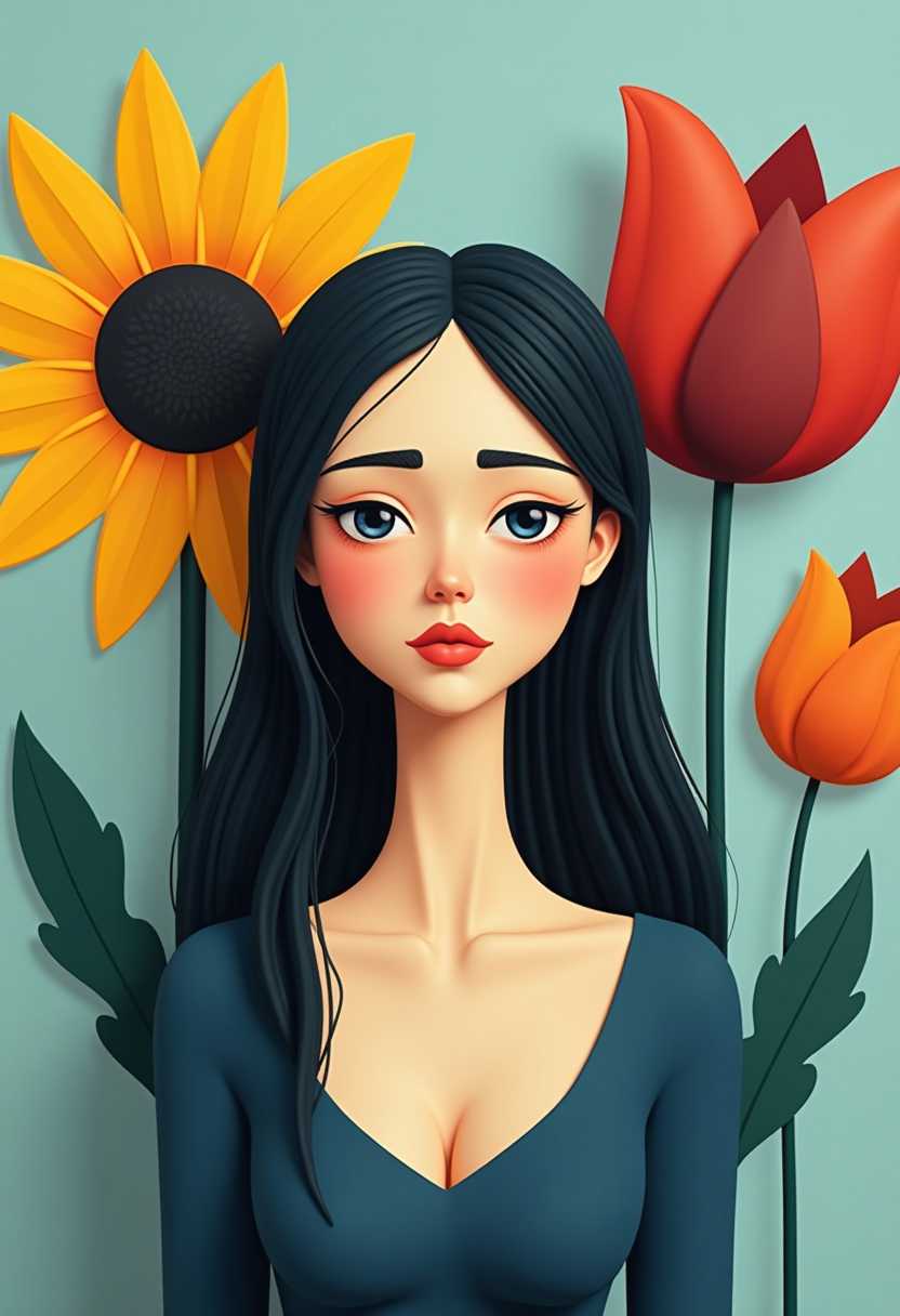 This image features simplified 3d characters and scenery that appears to be painted wooden figures or puppets without strings characterized by bold outlines, flat colors, and exaggerated shapes.A woman with a serene and somewhat melancholic expression. The woman has long, dark hair that cascades down her shoulders and back. Her eyes are almondshaped, with a hint of blue and a long, straight black eyeliner that gives a sense of depth. Her eyebrows are welldefined and arched, complementing her pale, almost translucent skin.She is wearing a dark blue top with a deep neckline that reveals a hint of cleavage. The top has a lighter blue, almost teal, hue on the lower half, which seems to blend into the background.Behind the woman, there are three large, stylized flowers. On her left, there is a large, bright yellow flower with a dark center, which seems to be a sunflower. To her right, there is a red flower with a gradient from a deep maroon at the center to a lighter red at the petals, which could be a rose or a poppy. On the far right, there is an orange flower with a similar gradient from a deep maroon to a lighter orange, which could be another poppy or a tulip.The background is a soft, washedout blue, which gives the image a dreamy and somewhat melancholic quality. 