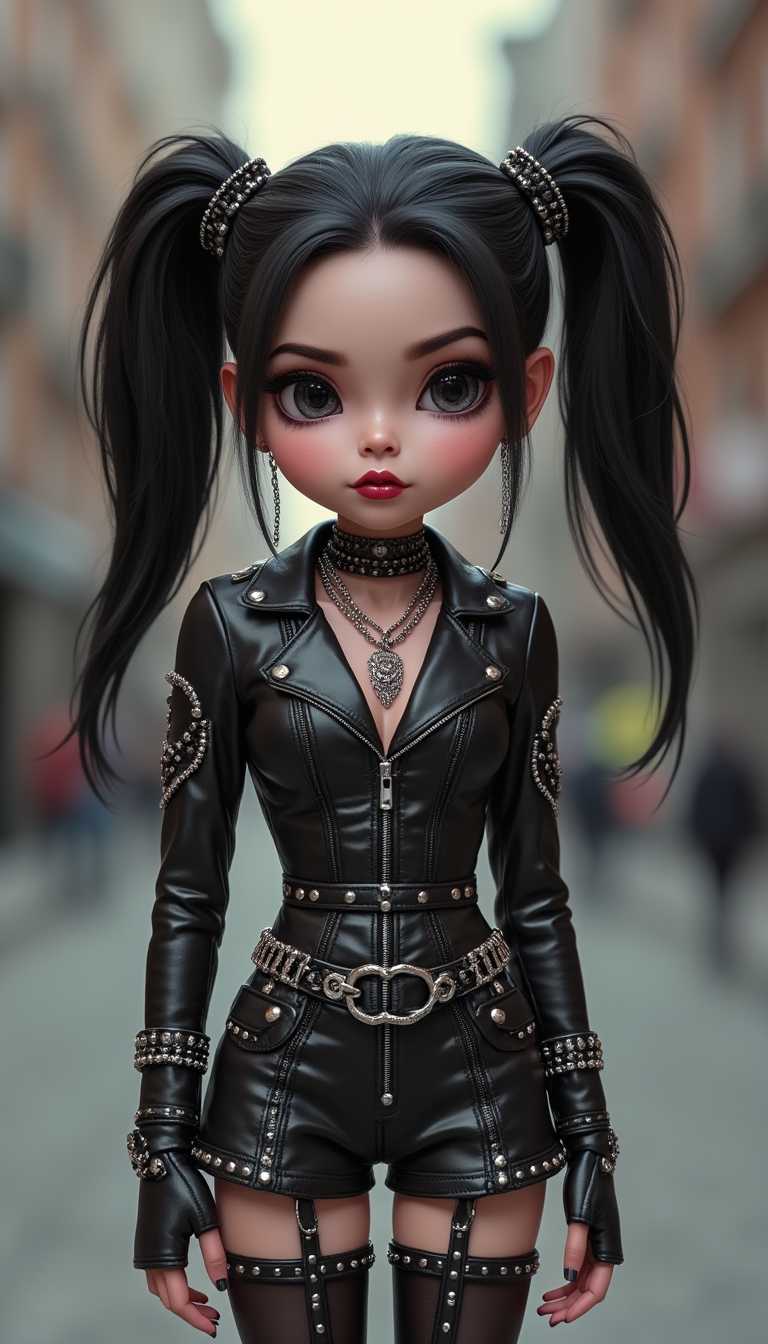 cute chibbi, cute chibbi girl as gothic girl, leather outfit, metal spikes, in city street, blurred background, bokeh