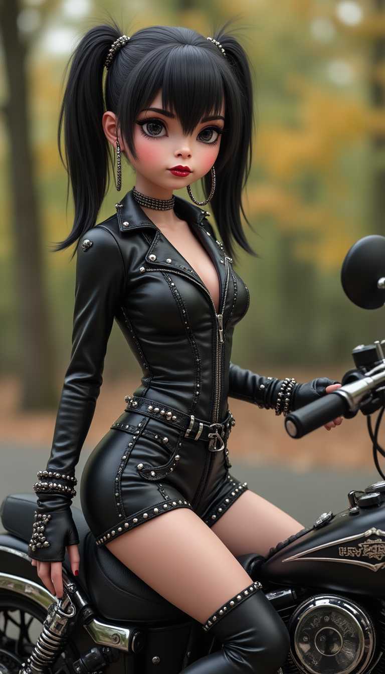 cute chibbi, cute chibbi girl as gothic girl, leather outfit, tight leather shorts, metal spikes, leather boots with metal spikes, driving Harley Davidson motor cycle, blurred background, bokeh