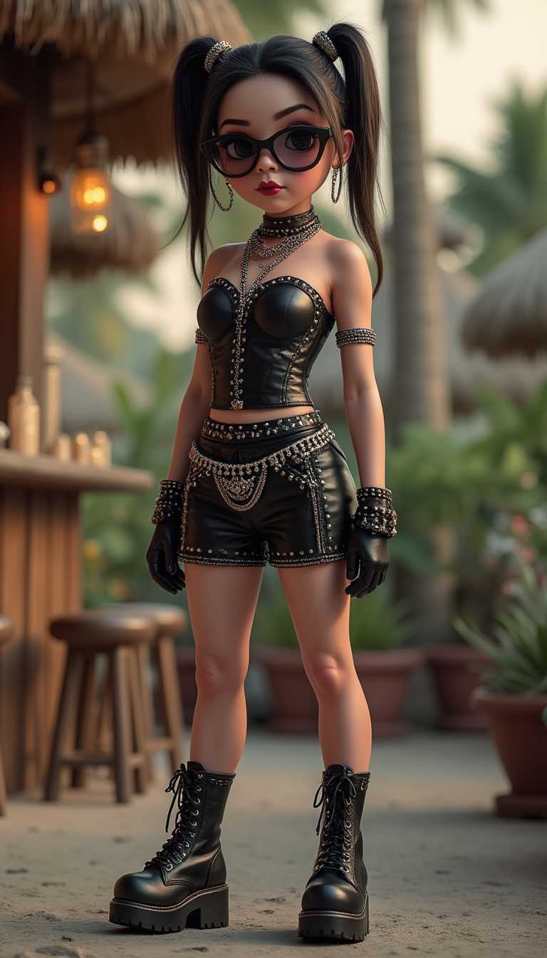 cute chibbi, cute chibbi girl as gothic girl, leather outfit, tight leather shorts, metal spikes, leather boots with metal spikes, (wearing sunglasses), in tropical beach bar, blurred background, bokeh