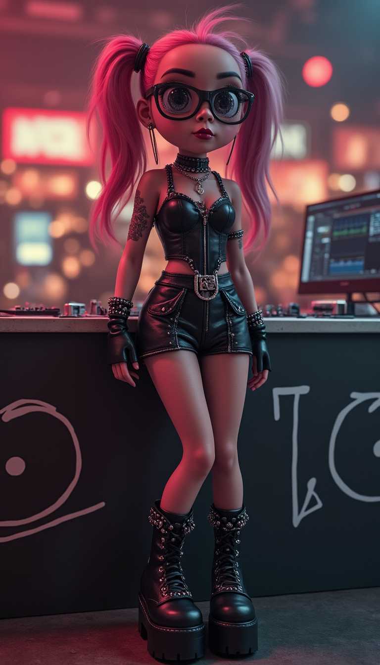 cute chibbi, cute chibbi girl as gothic girl, big eyes, pink hair, leather outfit, tight leather shorts, metal spikes, leather boots with metal spikes, (wearing sunglasses), as DJ in techno club, standing at DJ pult, blurred background, bokeh