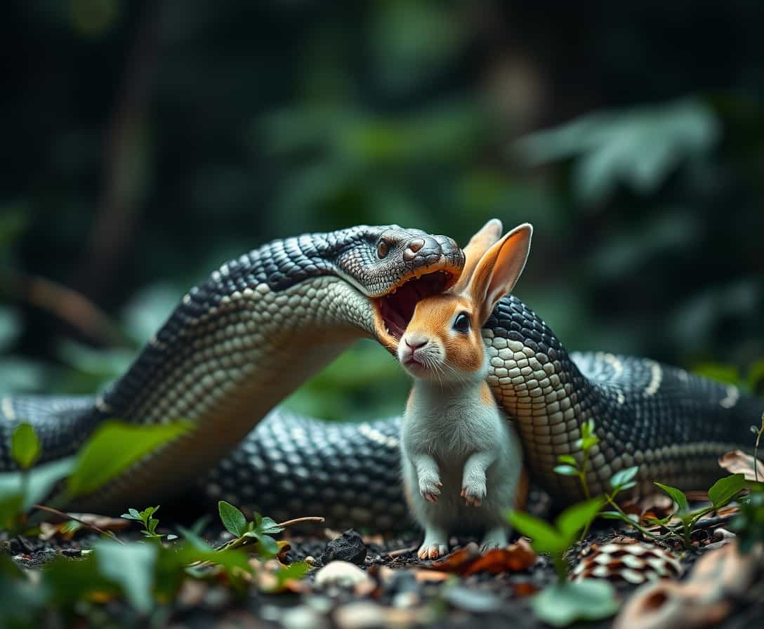 giant anaconda snake in jungle eating a rabbit, bokeh, blurred background