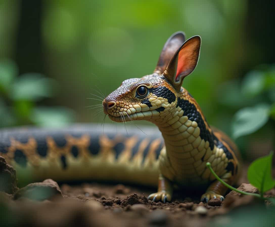 giant anaconda snake in jungle eating a rabbit, bokeh, blurred background
