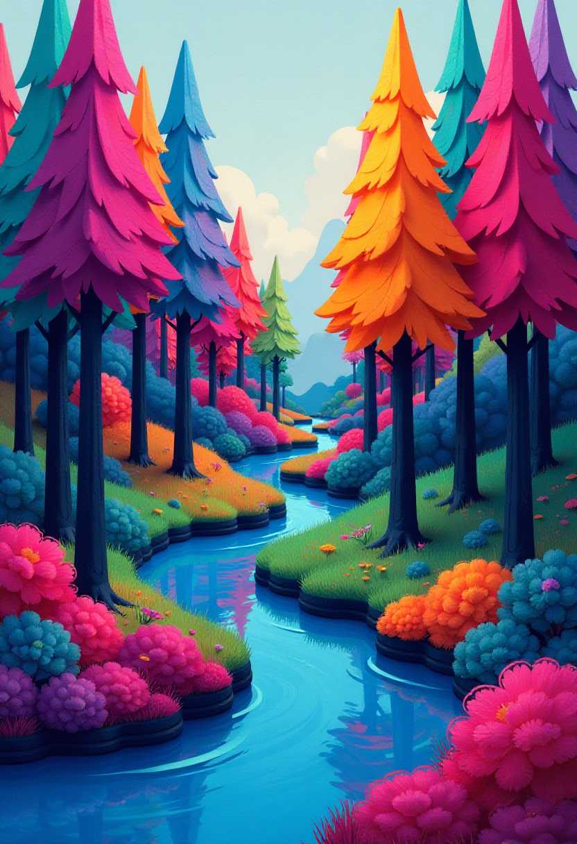 This image features simplified 3d characters and scenery that appears to be painted wooden figures or puppets without strings characterized by bold outlines, flat colors, and exaggerated shapes.This image is a whimsical and colorful depiction of a vibrant pine forest scene. The trees are stylized with exaggerated, colorful foliage that spans the spectrum of colors, from deep blues and purples to bright pinks, oranges, yellows, and greens. The colors are saturated and appear to be almost neonlike, giving the image a dreamy and fantastical quality.The trees are tall and slender, with their trunks appearing to be of a uniform black color, which stands in stark contrast to the brightly colored canopies. The trunks are straight and uniform, creating a sense of order amidst the chaos of color.In the center of the image, there is a winding stream that reflects the colors of the trees above. The water is calm and still, with a gradient of blues that transition from a deep navy at the bottom to a light sky blue at the top. The reflection of the trees in the water adds depth and dimension to the scene.The art style of the painting is reminiscent of digital painting techniques, with smooth gradients and transitions between colors. The brush strokes are not very visible, giving the image a polished and almost perfect finish.
