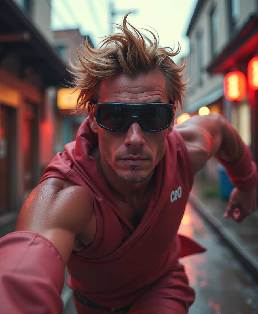 concept art, selfie shot angle of a Shabby Japanese (Male Satyr:1.2) , he is Running, nose of Michael Douglas, chin of Chris Hemsworth, dressed in [Wrap top|Playsuit], frolicking in a street, he has Gold hairstyle, Goggles, Hurricane, Ultra Detailed, Darkcore, Accent lighting, Selective focus, Ambrotype, dark pink sky, intricate detailed face, 