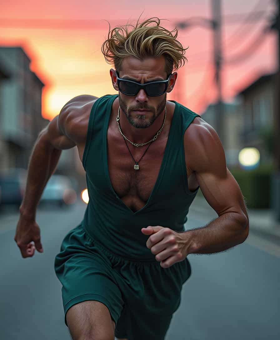concept art, selfie shot angle of a Shabby Japanese (Male Satyr:1.2) , he is Running, nose of Michael Douglas, chin of Chris Hemsworth, dressed in [Wrap top|Playsuit], frolicking in a street, he has Gold hairstyle, Goggles, Hurricane, Ultra Detailed, Darkcore, Accent lighting, Selective focus, Ambrotype, dark pink sky, intricate detailed face, 