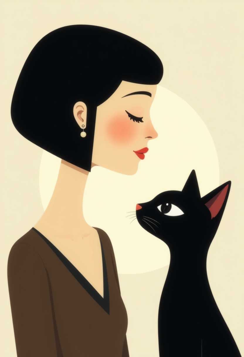This image features simplified 3d characters and scenery that appears to be painted wooden figures or puppets without strings characterized by bold outlines, flat colors, and exaggerated shapes.This image is a whimsical and colorful depiction of  a profile view of a woman and a cat. The art style is modern and minimalist, with geometric shapes and a limited color palette. The woman is depicted with a short, straight haircut that is black and contrasts sharply with her skin, which is a pale, offwhite color. Her facial features are abstracted, with a prominent nose, a small mouth, and a single, closed eye. The womans neck is elongated and her shoulders are broad, with a distinct Vshaped collarbone.The cat is also in profile view, facing the woman. It has a sleek black coat and a pointed snout. Its eyes are large and expressive, with a hint of white around the pupils, giving it a somewhat surprised or curious expression. The cats ears are perked up, and its whiskers are prominent.The background of the image is a muted, offwhite color, which provides a neutral backdrop that allows the black silhouettes of the woman and the cat to stand out. Overall, the image conveys a sense of sophistication, intimacy, and the allure of a bygone era of American pop culture.