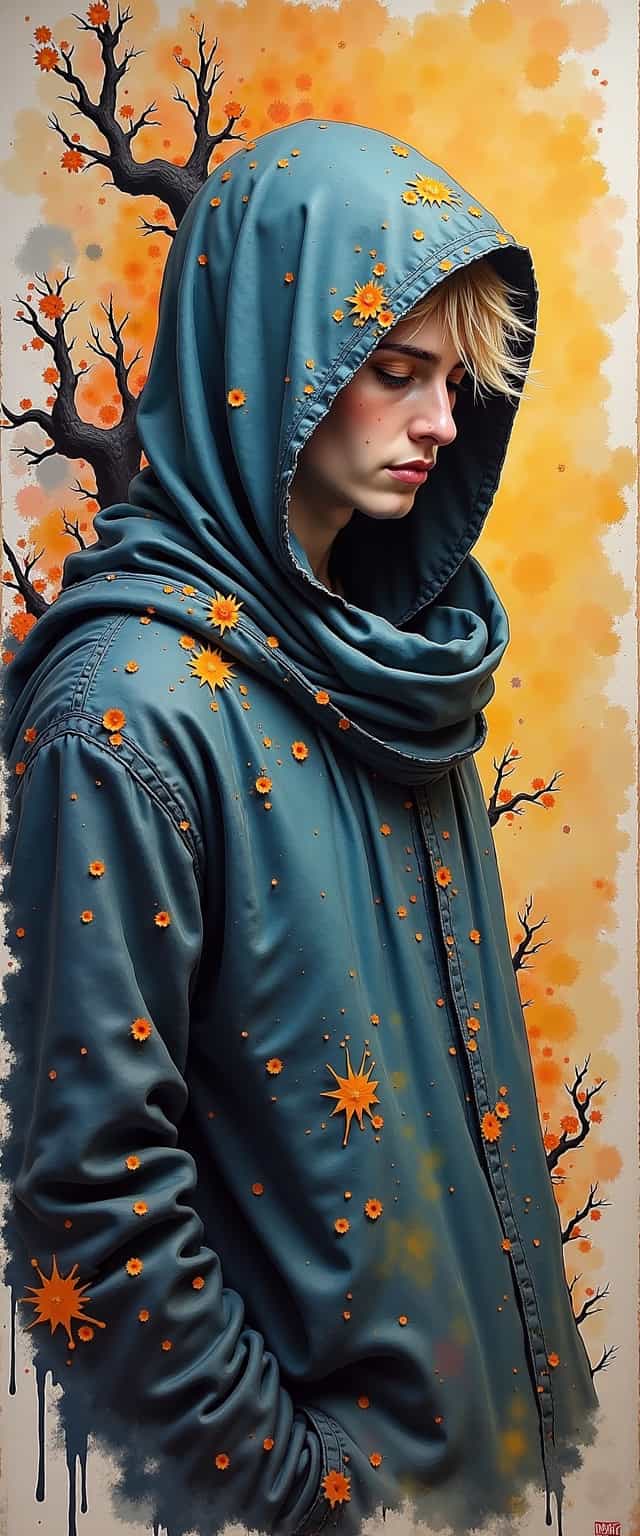 ,Parched blonde Man with veil, wall Graffiti, Fractal