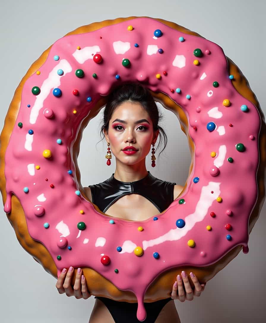 beautiful punk lady inside pink old-fashioned giant doughnut, sexy, 