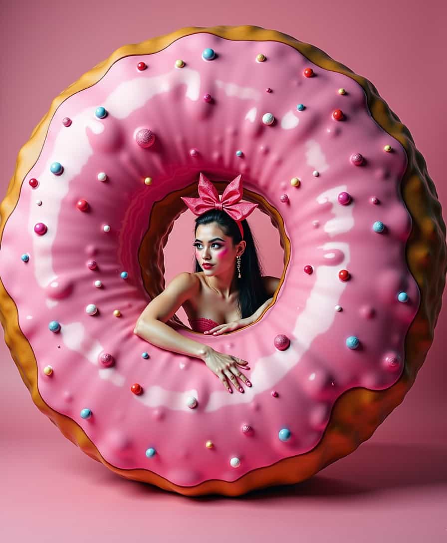 beautiful punk lady inside pink old-fashioned giant doughnut, sexy, 
